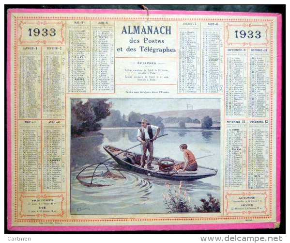 CALENDRIERS DES POSTES PTT 1933 ORIGINAL  PECHE AUX GOUJONS DANS L'YONNE - Big : 1921-40