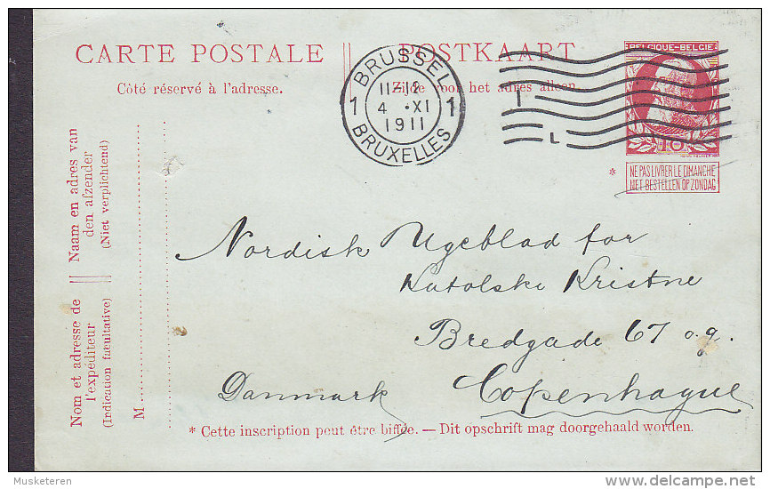 Belgium Postal Stationery Ganzsache Entier BRUSSEL Bruxelles 1911 Ugebladet KATOLSKE KRISTNE Denmark (2 Scans) - Postkarten 1909-1934