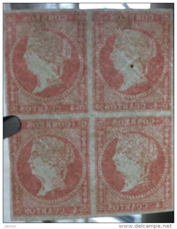 1855 Isabel II Edifil 44 Tipo I Bloque 4 Sellos - Valor Catalogo 64,00€ - Neufs