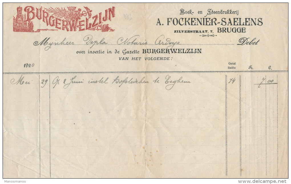 280/24 - Facture BRUGGE 1920 Gazette Burgerwelzijn - Drukkerij Fockenier - Saelens - 1900 – 1949
