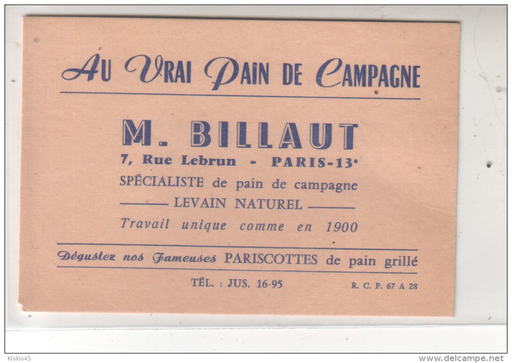 75 13è Carte De Visite - AUVRAI PAIN DE CAMPAGNE - M. BILLAUT SPECIALISTE De Pain De Campagne - LEVAIN NATUREL ... - Cartes De Visite