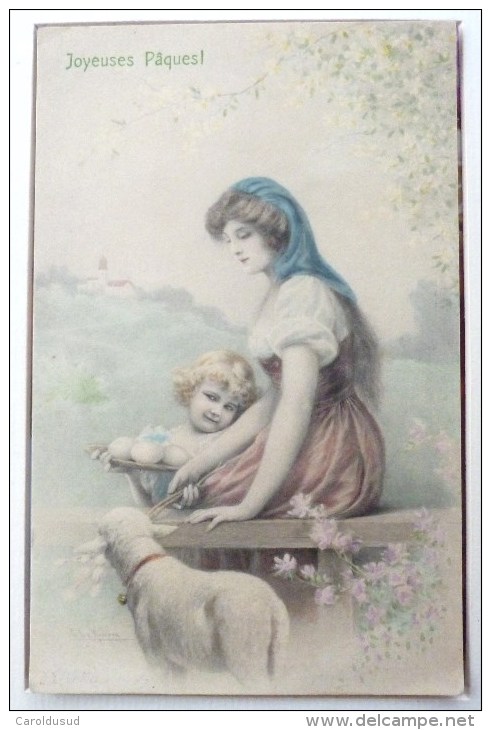 CPA Litho Illustrateur  M.M. VIENNE 300 Wichera Superbe Femme Et ENFANT  Paques Mouton Agneau Voyagé 1907 - Wichera