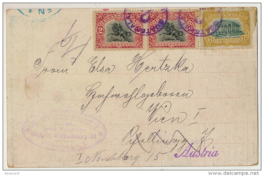 Advert Card Gruss Aus Used 3 Stamps From Guatemala To Austria Wien , Kodak, M. Munk, Linoleum Wagner, Silk Herzmansky - Guatemala