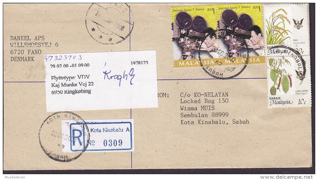 Malaysia Sabah Registered Label KOTA KINABALU 2000 Cover Brief FANØ Denmark Readressed RINGKØBING Movie Making (2 Scans) - Sabah