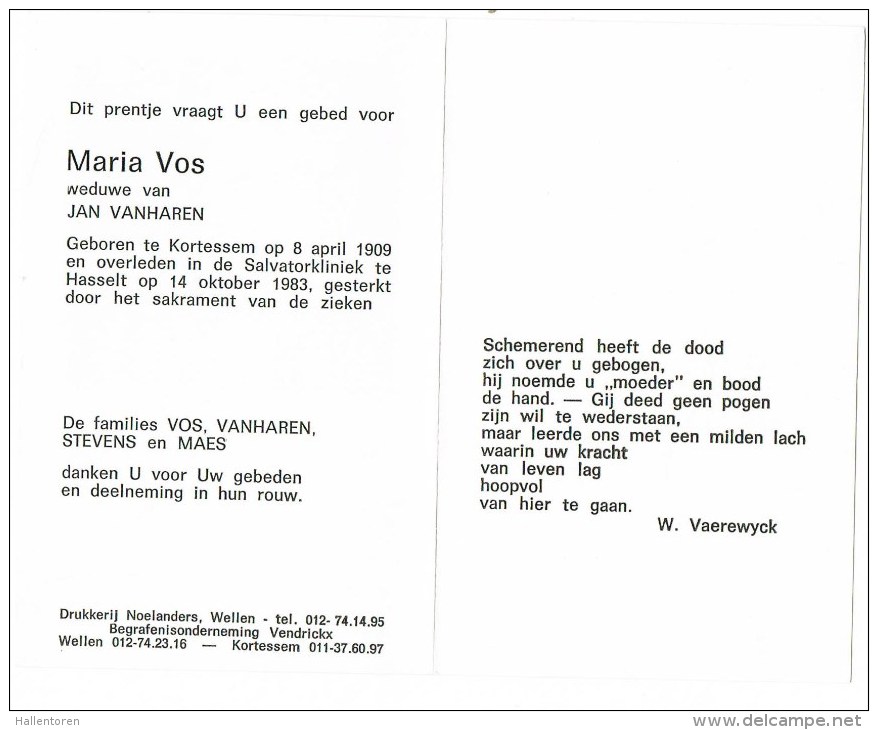 Kortessem  : Maria Vos ; 1983 (2 Scans) - Images Religieuses