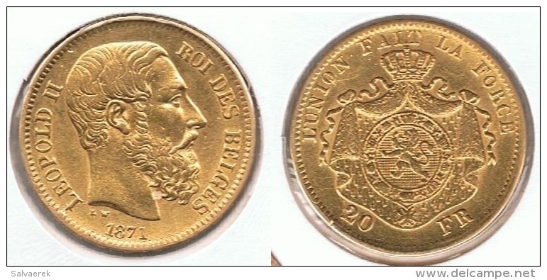 BELGICA LEOPOLDO II 20 FRANCS FRANCOS 1871 ORO GOLD A58 - 20 Francs (or)