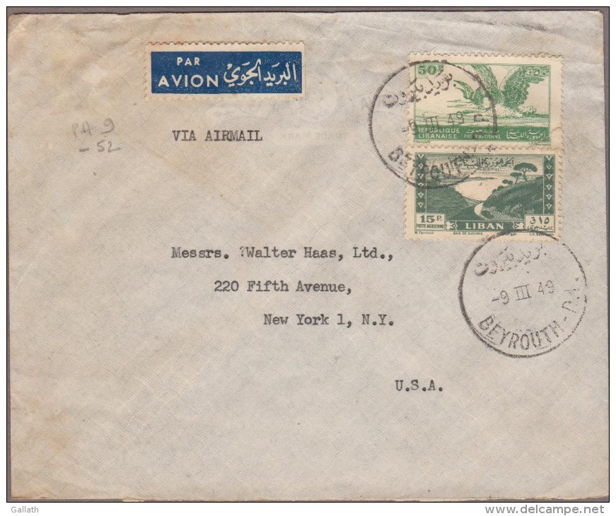 BEYROUTH 1949 / N° PA 9 Et 52 + Grand Liban Timbre Fiscal Bleu-vert Surchargé Pour NEW-YORK... - Liban