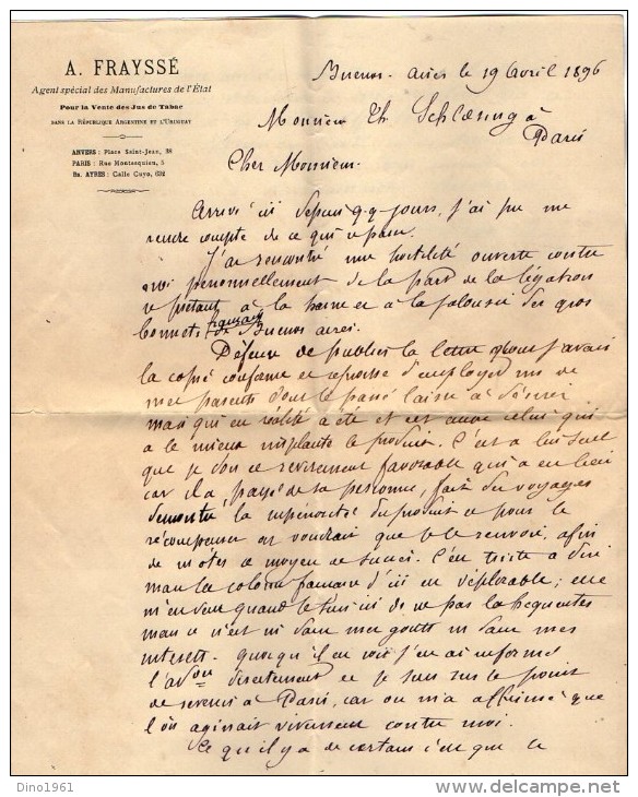 VP3518 - Lettre De Mr A. FRAYSSE  Agent Spécial Pour La Vente De Jus De Tabac à BUENOS AIRES à Mr SCHLOESING à PARIS - Dokumente