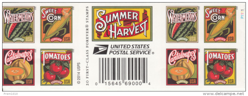 USA- 2014 - Summer Harvest- Booklet Pane Of 8 Stamps- MNH - Unused Stamps