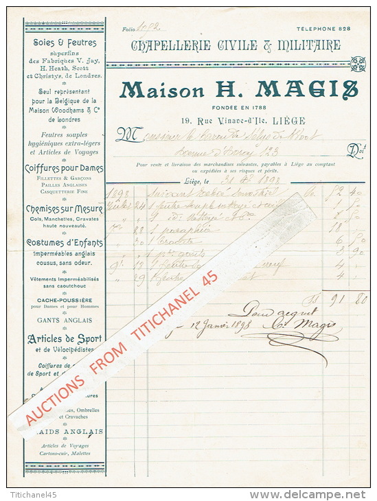 Facture 1898 LIEGE - MAISON H. MAGIS - Chapellerie Civile &amp; Miliataire, Cannes, Parapluies, Ombrelles, Fouets &amp; - Other & Unclassified