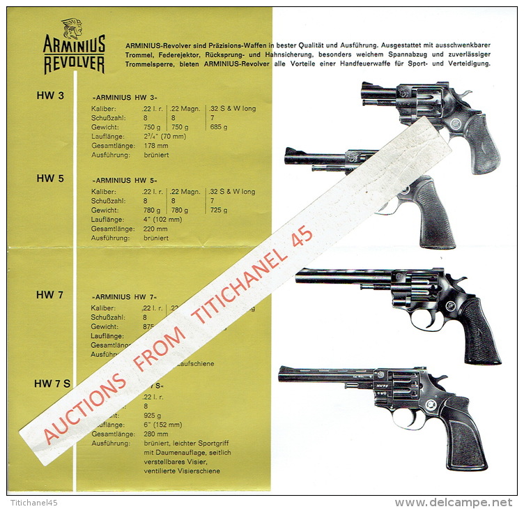 Dépliant Publicitaire ARMINIUS REVOLVER + Tarif 1973 - Armes Neutralisées