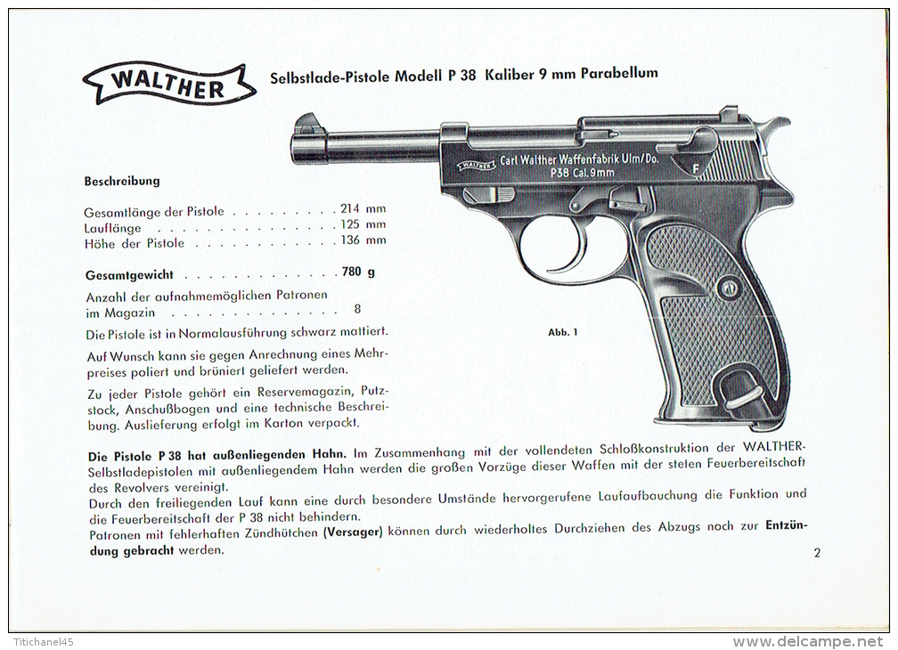 Original Et Ancien Catalogue Broché SELBSTLADE-PISTOLE WALTHER P 38 Cal. 9 Mm Parabellum - CARL WALTHER Waffenfabrik - Decorative Weapons