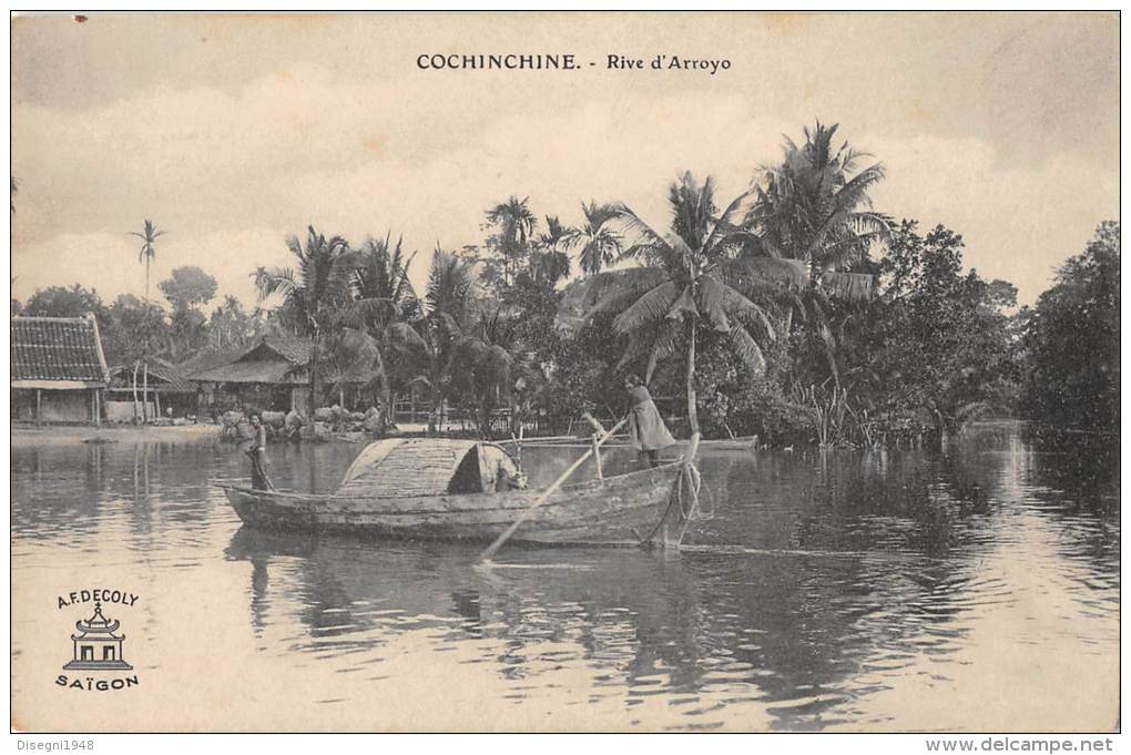 05022 "VIET NAM - COCHINCHINE  - RIVE D'ARROYO" ANIMATA, BARCA , FIUME, PALMIZI. CART. POST. ORIG. NON SPEDITA - Vietnam