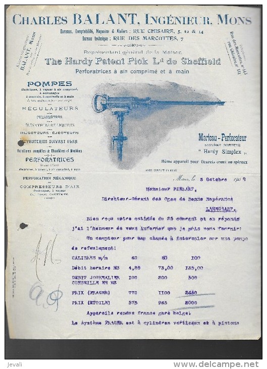 Charles BALANT , Ingénieur , MONS Pompes , Marteau Perforateur   1908 - Sonstige & Ohne Zuordnung