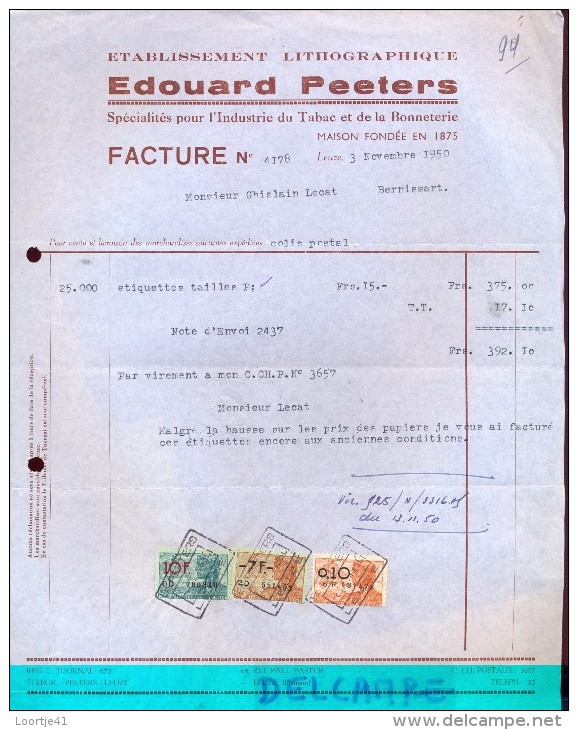 Factuur Facture - Etabl. Lithographique Edouard Peeters - Leuze 1950 - Printing & Stationeries