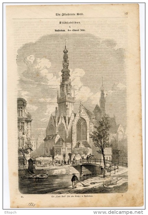 Amsterdam Gravure Engraving Netherlands Holland 1861 Church Kirche Cathedrale Eglise Street Sweeper Cleaner - Ohne Zuordnung