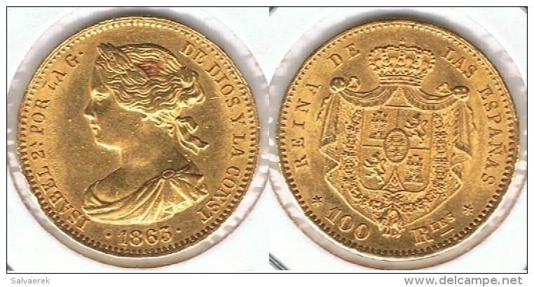 ESPAÑA ISABEL II 100 REALES 1863 MADRID ORO GOLD A28 - Colecciones