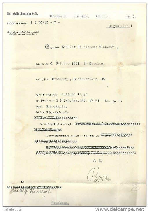 1915. BROMBERG --BYDGOSZCZ   ENTIRE  LETTER. SOLICITOR  LETTER - COMPLAINT - THEFT- - Covers & Documents