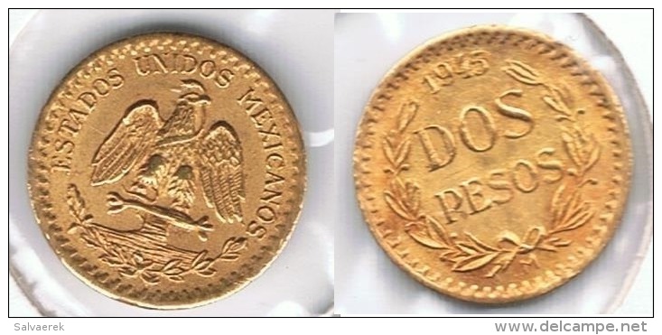 MEXICO 2 PESOS 1945 ORO GOLD A54 - México