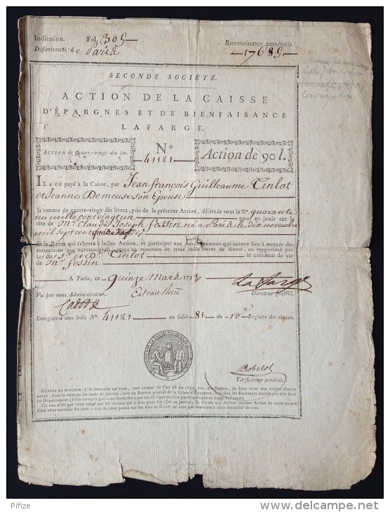 Rare Action De 90 Livres De La Caisse D'Epargnes Et De Bienfaisance Lafarge. 1793. - J - L