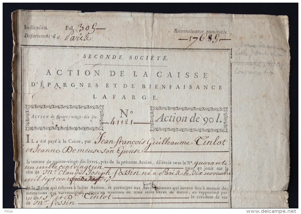 Rare Action De 90 Livres De La Caisse D'Epargnes Et De Bienfaisance Lafarge. 1793. - J - L