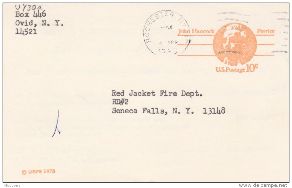 1980 OVID FIREMEN PARADE To RED JACKET FIRE DEPT Seneca Falls Firefighting Stamps Cover USA Postal  STATIONERY Card - Firemen