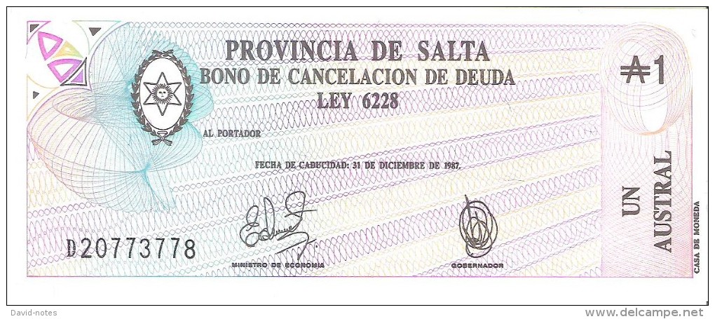 Argentina - Provincia De Salta - Pick S2612 - 1 Austral 1987 - Unc - Argentinië