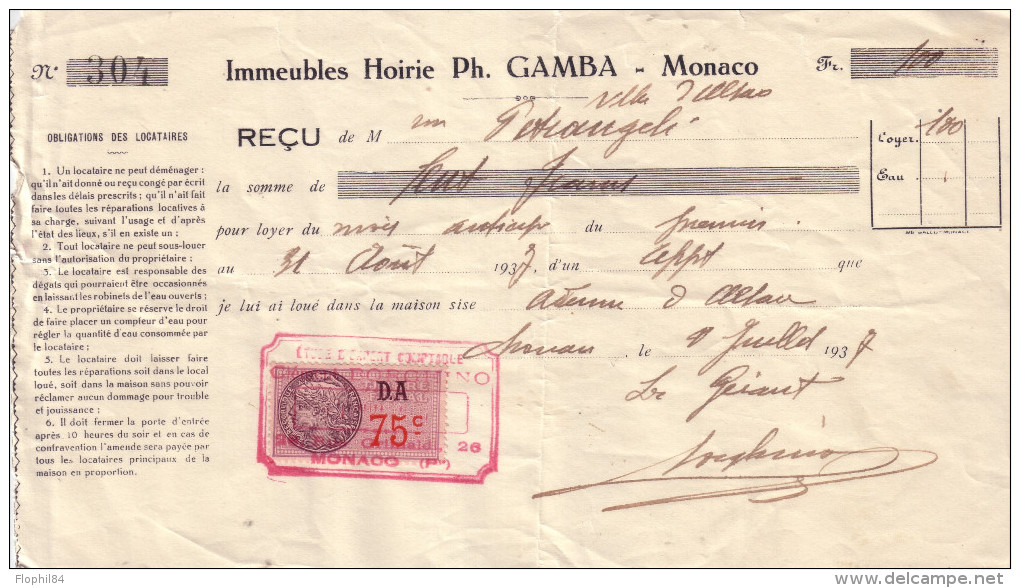 MONACO - TIMBRE FISCAL 75c - RECU DE LOYER 31-8-1937 - D´UN IMMEUBLE A MONACO. - Revenue