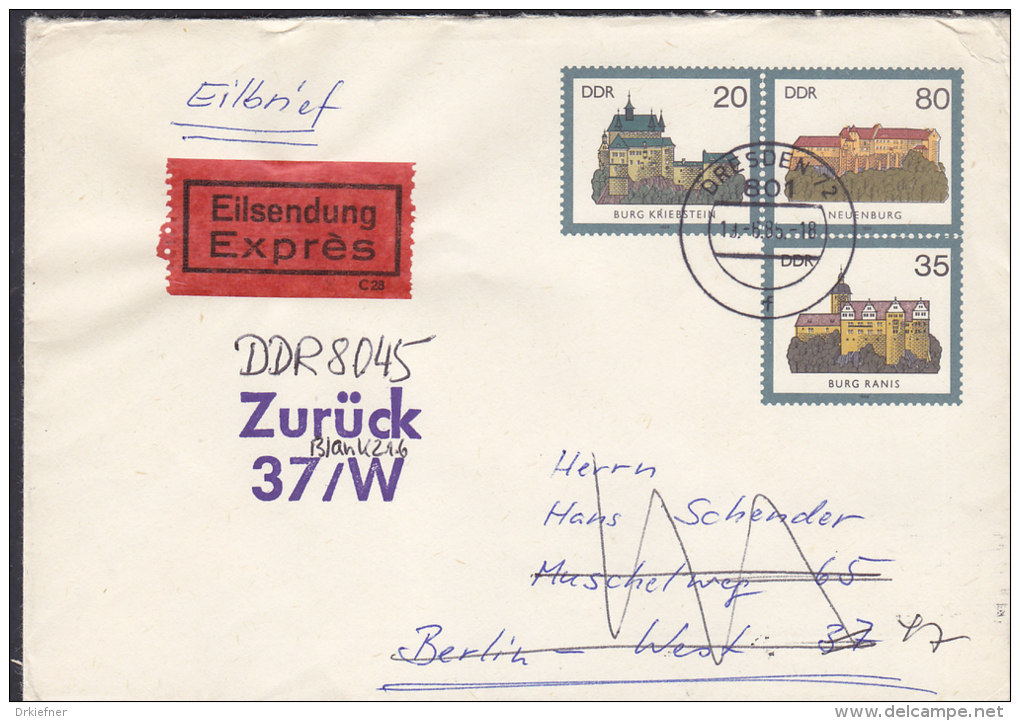 DDR  U 1, Eilbrief Mit Stempel: Dresden 19.6.1985, Burgen 1984 - Sobres - Usados