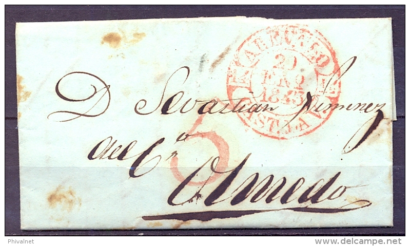1843 , PREFILATELIA , D.P. 14 , AVILA  , CARTA CIRCULADA ENTRE AREVALO Y OLMEDO , BAEZA ROJO , PORTEO - ...-1850 Vorphilatelie