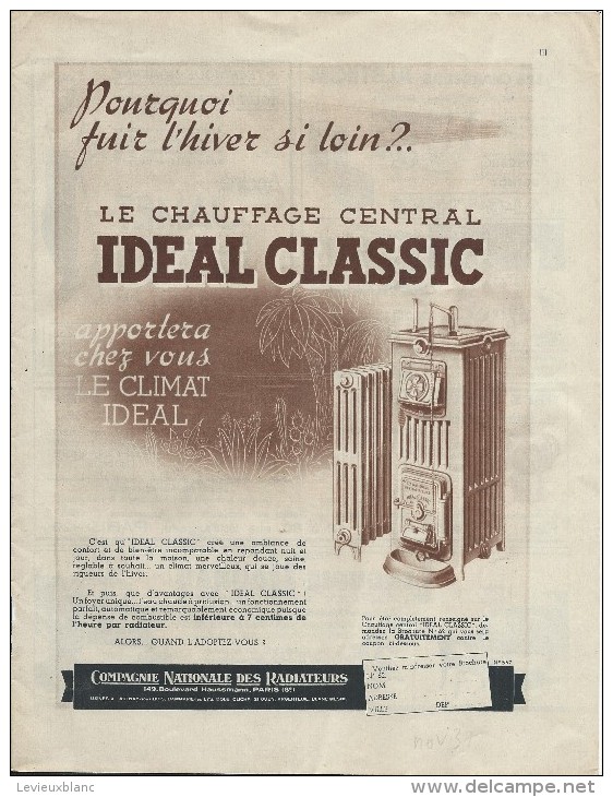 Encart Publicitaire/Chauffage Central/Idéal Classic/CieNationale Des Radiateurs/Revue Touting Clud France/1937  ILL84 - Elettricità & Gas