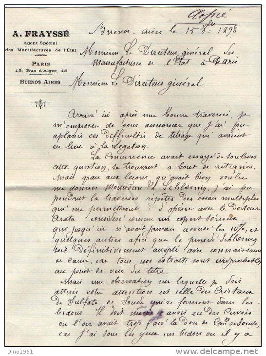 VP3525 - Lettre De Mr A. FRAYSSE Agent Spécial Des Manufacture De L´Etat à BUENOS AIRES & PARIS Concernant  Tabac - Documents