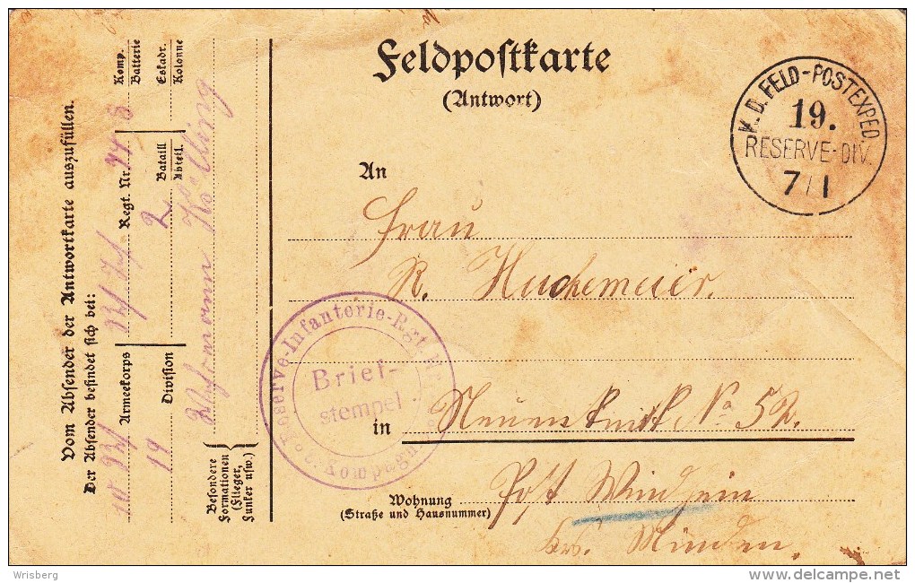 Reserve Infanterie Rgt Nr 74 * 8 Kompagnie * + TàD K.D. FELD-POSTEXPED 19. RESERVE - DIV Du 7/1 Sur Feldpostkarte - WW I