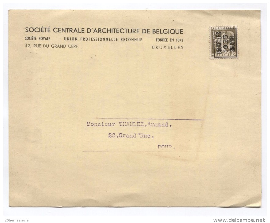 TP 337 Préos Bruxelles 1935 S/Document Commerciale Société Centrale D'Architecture De Belgique V.Dour AP890 - Sobreimpresos 1932-36 (Ceres Y Mercurio)