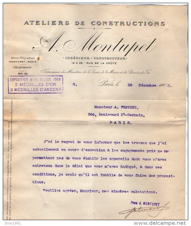 VP3526 - Lettre - Ateliers De Constructions A. MONTUPET à PARIS - 3 Médailles à L´Exposition Universelle Paris 1900 - Documentos