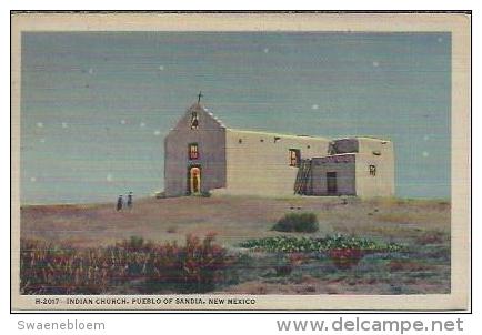 VS.- Night Scene Of The Indian Church, Pueblo Of Sandia, New Mexico. Fred Harvey Post Card.  2 Scans - Albuquerque