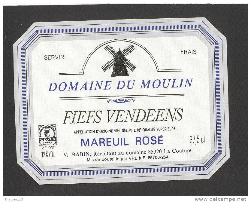 Etiquette De Vin Fiefs Vendéens - Domaine Du Moulin - M. Babin La Couture (85) - Thème Moulin à Vent - Windmills