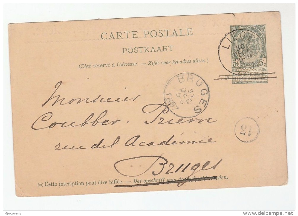 1897 Liege BELGIUM Postal STATIONERY CARD  To Bruges Stamps Cover - Postcards 1871-1909