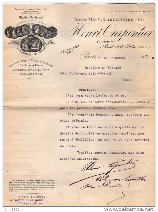 VP3531  - Lettre - Mr Henri CARPENTIER Constructeur à Paris Bd Soult - Médailles à Exposition Universelle Paris 1900 - Documenten