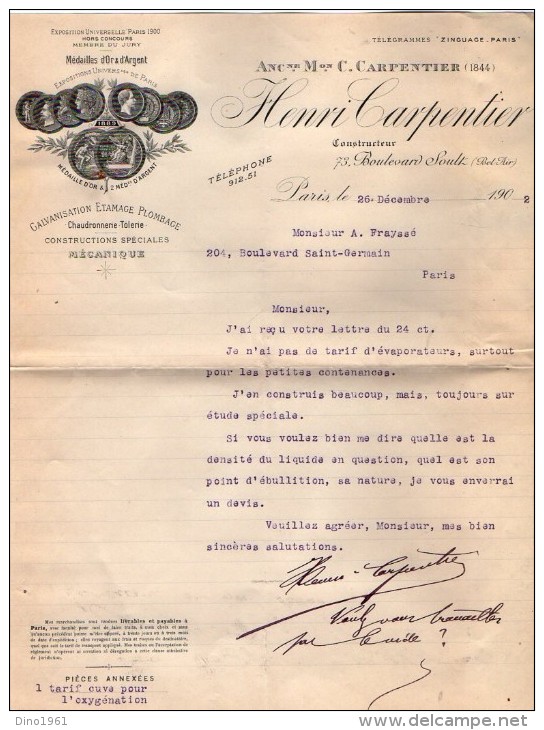VP3531  - Lettre - Mr Henri CARPENTIER Constructeur à Paris Bd Soult - Médailles à Exposition Universelle Paris 1900 - Documentos