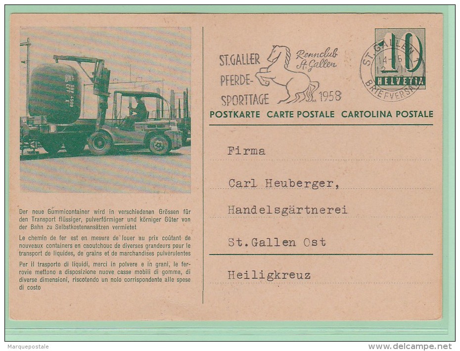 F11. Entier Postal CP Containers Caoutchouc Pour Liquides Et Grains +SBB + Flamme St-Gallen Cheval 12.8.58 - Postwaardestukken