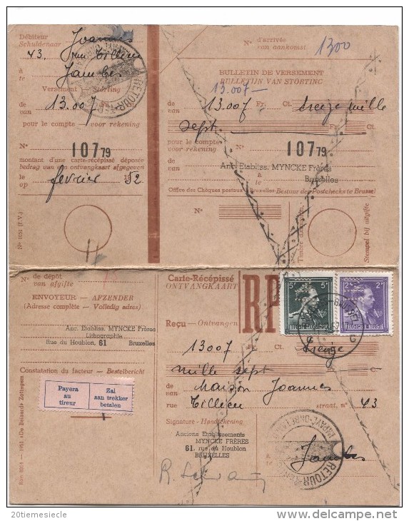 TP 693-696 Perforé M.F. S/Carte Récépissé Des Ets Mynce Frères C.Bruxelles En 1952 Pour Jambes AP900 - 1951-..