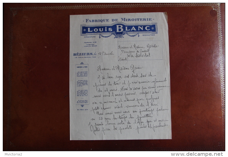 BEZIERS - Lettre FABRIQUE MIROITERIE LOUIS BLANC Adressée à LA SALVETAT SUR AGOUT. - 1950 - ...