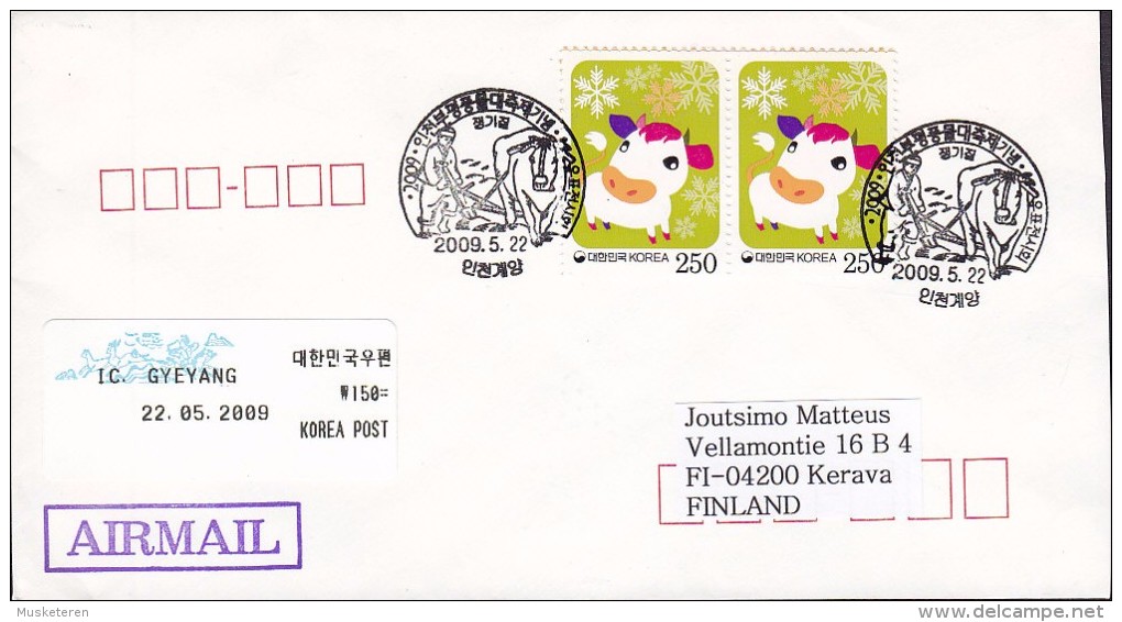 Korea Air Mail Sonderstempel 22.5.2009 Cover Brief To KERAVA Finland New Year Cow Kuh Stamp - Korea (Süd-)