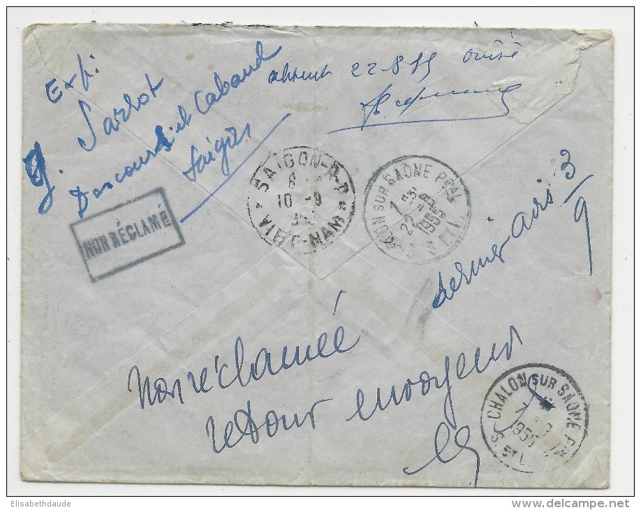 1955 - VIET-NAM - ENVELOPPE RECOMMANDEE De SAÏGON Avec COMPLEMENT EMA Pour CHALON SUR SAONE - RETOUR à L'ENVOYEUR - Viêt-Nam