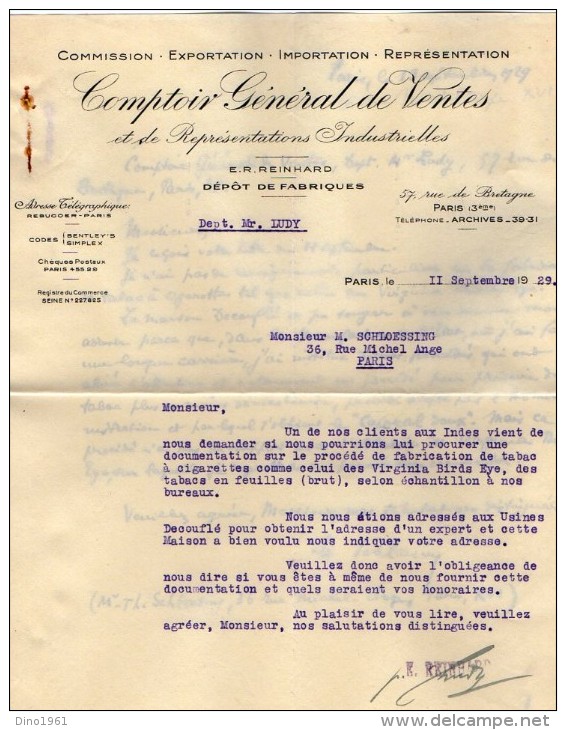 VP3536  - Tabac - Lettres -  Comptoir Général Des Ventes E.R. REINHARD à PARIS Rue De Bretagne - Documents