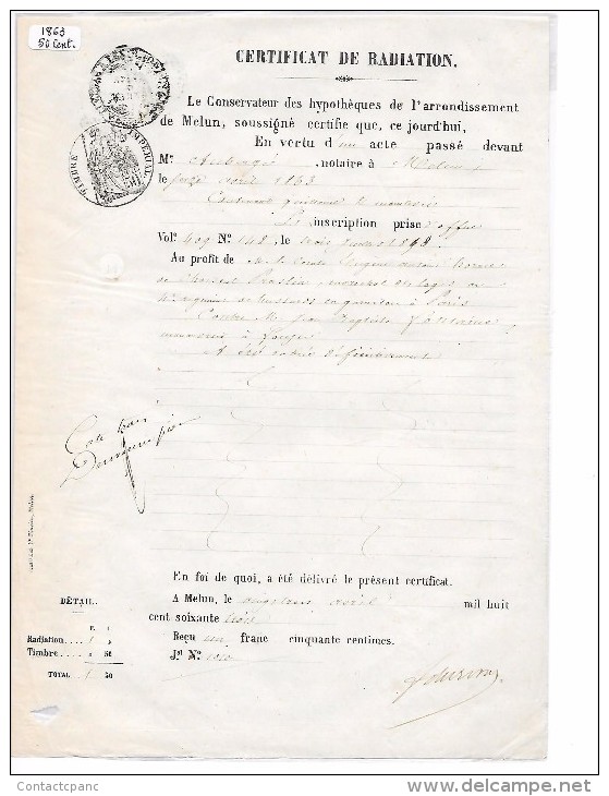 CERTIFICAT De RADIATION  -  1863  Commune De FORGES  ( 77 ) - Cachets Généralité