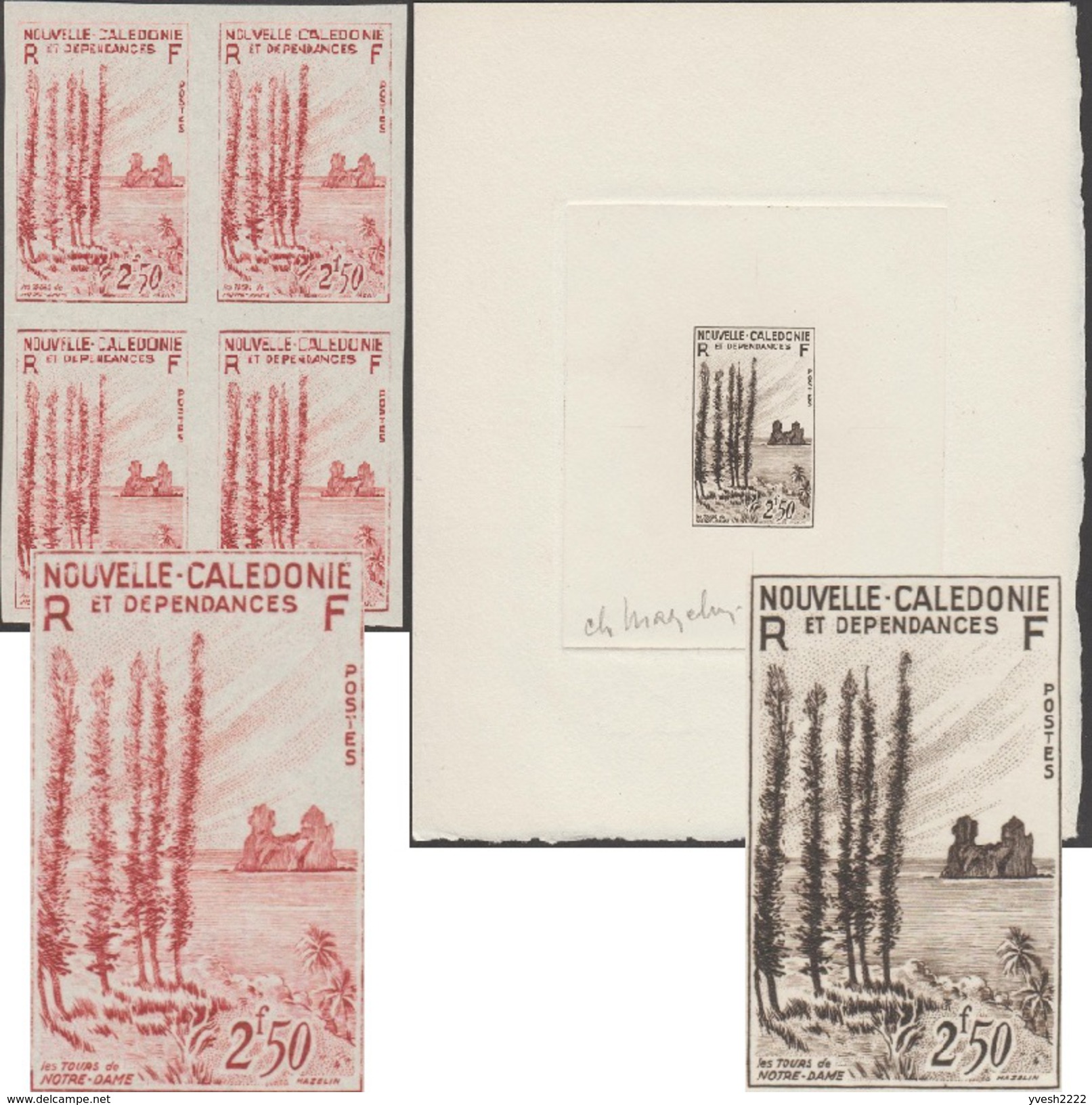 Nouvelle-Calédonie 1955 Y&T 284. Épreuve D'artiste Et Essais De Couleurs. Concrétion Rocheuse Sur Une île. Arbres - Iles