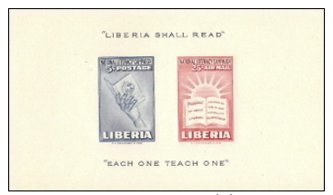 Liberia,  Scott 2016 # C66a,  Issued 1950,  Imperf S/S Of 2, MLH,  Cat $ 1.75,  Literacy - Asia (Other)