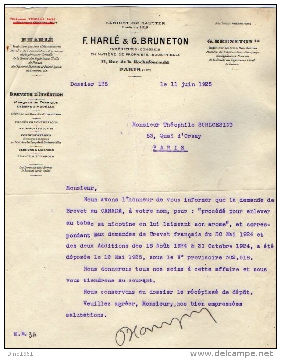 VP3541  - Tabac - Lettre De Mrs F.HARLE & G.BRUNETON Ingénieurs - Conseils à Paris Rue De La Rochefoucauld - Documenten